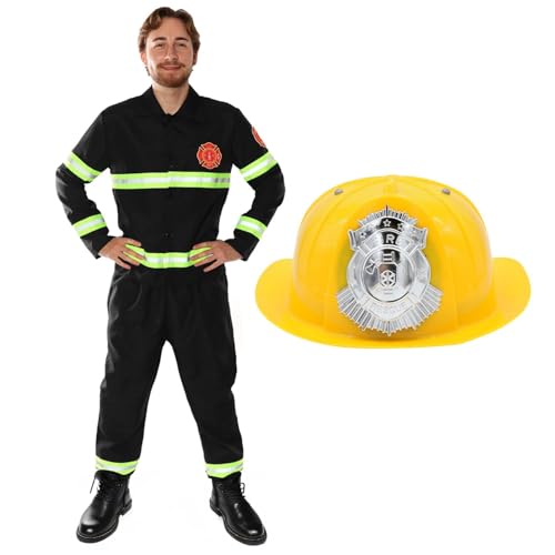 Feuerwehrmann-Kostüm für Erwachsene, gelber Hut und Feuerwehrmann-Uniform mit reflektierenden Details für Kostüm, lustiges Junggesellenabschied, Halloween und Rollenspiele, Größe M von I LOVE FANCY DRESS
