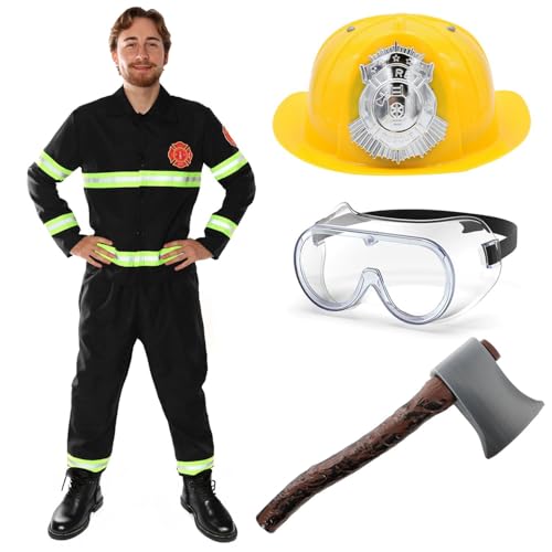 Feuerwehrmann-Kostüm für Erwachsene – Herren-Feuerwehrmann-Uniform mit reflektierenden Details, Axt, Helm und Brille für Fasching, lustiges Junggesellenabschied-Outfit, Halloween und Rollenspiele von I LOVE FANCY DRESS