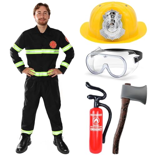 Feuerwehrmann-Kostüm für Erwachsene – Herren-Feuerwehrmann-Uniform mit reflektierenden Details, Axt-Requisite, Helm und Brille für Fasching, lustiges Junggesellenabschied, Halloween und Rollenspiele Feuerwehrmann-Kostüm für Erwachsene – Herren-Feuerwehrmann-Uniform mit reflektierenden Details, Axt-Requisite, Helm und Brille für Fasching, lustiges Junggesellenabschied, Halloween und Rollenspiele von I LOVE FANCY DRESS