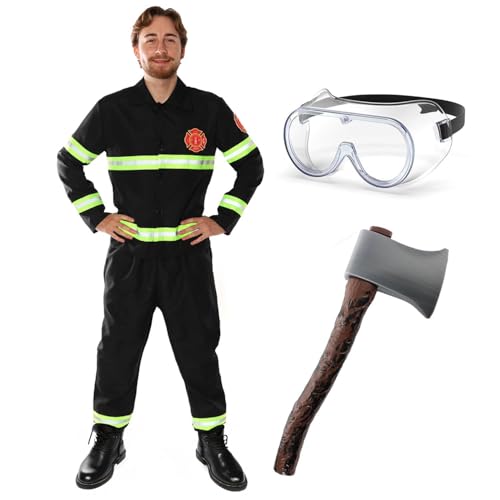 Feuerwehrmann-Kostüm für Erwachsene – Herren-Feuerwehrmann-Uniform mit reflektierenden Details, Axt-Requisite und Brille für Fasching, lustiges Junggesellenabschied-Outfit, Halloween und Rollenspiele von I LOVE FANCY DRESS