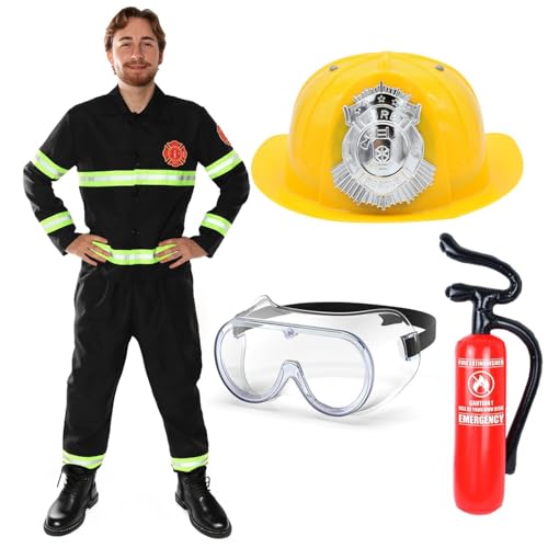 Feuerwehrmann-Kostüm für Erwachsene – Herren-Feuerwehrmann-Uniform mit reflektierenden Details, Helm und Brille für Fasching, lustiges Junggesellenabschied-Outfit, Halloween und Rollenspiele von I LOVE FANCY DRESS