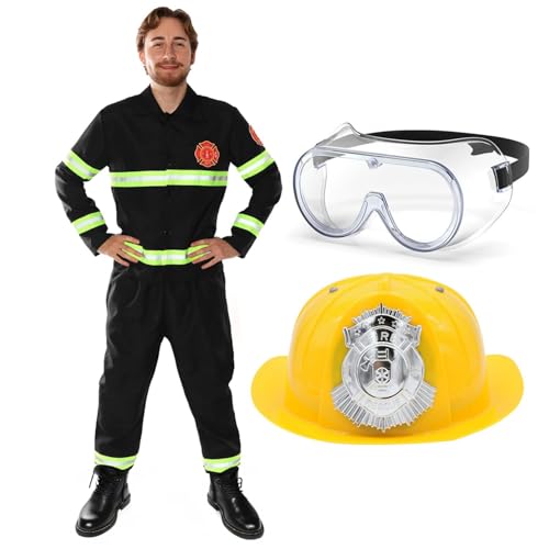 Feuerwehrmann-Kostüm für Erwachsene – Herren-Feuerwehrmann-Uniform mit reflektierenden Details, Helm und Brille für Fasching, lustiges Junggesellenabschied-Outfit, Halloween und Rollenspiele von I LOVE FANCY DRESS