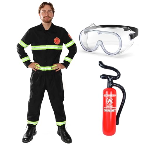 Feuerwehrmann-Kostüm für Erwachsene – Herren-Feuerwehrmann-Uniform mit reflektierenden Details, aufblasbarem Feuerlöscher und Schutzbrille für Fasching, lustiges Junggesellenabschied-Outfit, Halloween von I LOVE FANCY DRESS