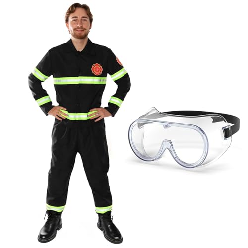Feuerwehrmann-Kostüm für Erwachsene – Herren-Feuerwehrmann-Uniform mit reflektierenden Details und Brille für Fasching, lustiges Junggesellenabschied-Outfit, Halloween und Rollenspiele – Größe L von I LOVE FANCY DRESS