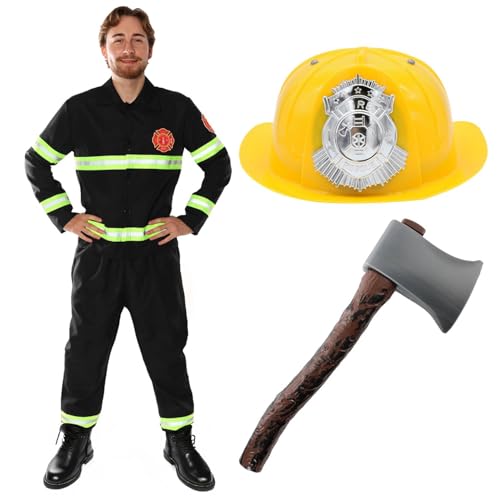 Feuerwehrmann-Kostüm für Erwachsene – gelber Hut für Herren, 40 cm, Axt-Requisite, Feuerwehrmann-Uniform mit reflektierenden Details für Kostüm, lustiges Junggesellenabschied-Outfit, Halloween und Feuerwehrmann-Kostüm für Erwachsene – gelber Hut für Herren, 40 cm, Axt-Requisite, Feuerwehrmann-Uniform mit reflektierenden Details für Kostüm, lustiges Junggesellenabschied-Outfit, Halloween und von I LOVE FANCY DRESS