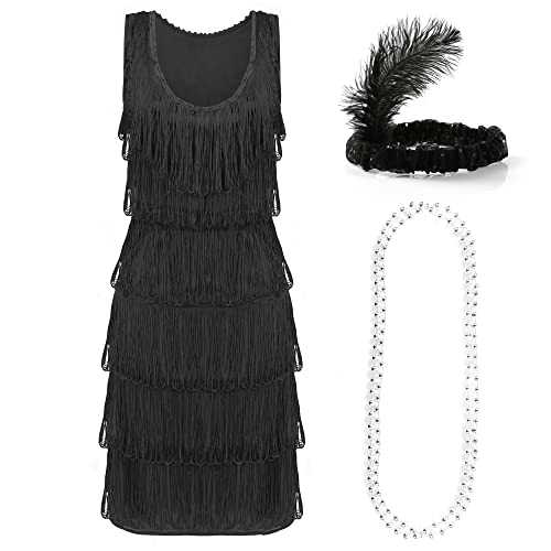 Flapper-Kostüm für Damen, schwarz, 1920er Jahre, Flapper-Kleid mit Fransen vorne und hinten + passendem Pailletten-Kopfstück – 1920er Jahre Charleston, Kostüm, Größe XXL Flapper-Kostüm für Damen, schwarz, 1920er Jahre, Flapper-Kleid mit Fransen vorne und hinten + passendem Pailletten-Kopfstück – 1920er Jahre Charleston, Kostüm, Größe XXL von I LOVE FANCY DRESS