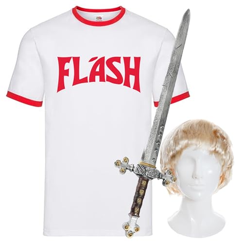 Flash Gordon T-Shirt, Perücke & Schwert Set - XXL - Flash Logo T-Shirt Blond Perücke & Schwert - Perfekt für Halloween, Fasching, 80er Jahre Party, Cosplay & Filmabende Flash Gordon T-Shirt, Perücke & Schwert Set - XXL - Flash Logo T-Shirt Blond Perücke & Schwert - Perfekt für Halloween, Fasching, 80er Jahre Party, Cosplay & Filmabende von I LOVE FANCY DRESS