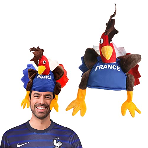 Französischer Hahnhut – blaue Kappe mit gefülltem Hahn auf der Oberseite mit roten weißen und blauen Federn – Zubehör für Fußballfans. von I LOVE FANCY DRESS