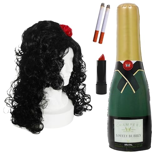 Funny Diva Verkleidung Set - Perücke mit roter Blume, aufblasbare Champagnerflasche, gefälschte Zigaretten & Lippenstift - 2000er Jahre Party Kostüm für Junggesellinnenabschied & Festival von I LOVE FANCY DRESS