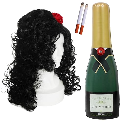Funny Diva Verkleidung Set - Schwarze Lockige Perücke mit roter Blume, Aufblasbare Champagnerflasche & Fake Zigaretten - Party Kostüm für Junggesellinnenabschied & 2000er Jahre Thema von I LOVE FANCY DRESS