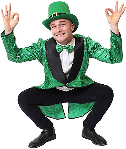 GRÜNES LEPRECHAUN KOSTÜM FÜR ERWACHSENE - GRÜNER PAILLETTEN-FRACK + GRÜNER ZYLINDER MIT SCHNALLE + GRÜNE PAILLETTEN FLIEGE - GLÜCKSBRINGER LEPRECHAUN KOSTÜM FÜR ST. PATRICKS DAY (X-GROẞ) von I LOVE FANCY DRESS
