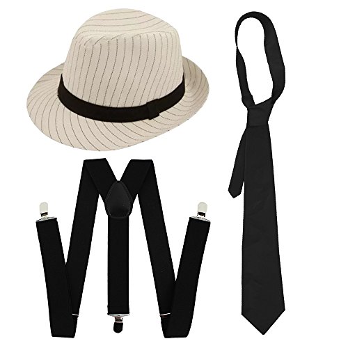 Gangster-Kostüm-Set, für Herren, elegant, Kleid-Zubehör, Deluxe-Set, Schwarz oder Weiß, Nadelstreifen, Filzhut + weiße Hosenträger + weiße Krawatte, Al Capone-Stil von I LOVE FANCY DRESS