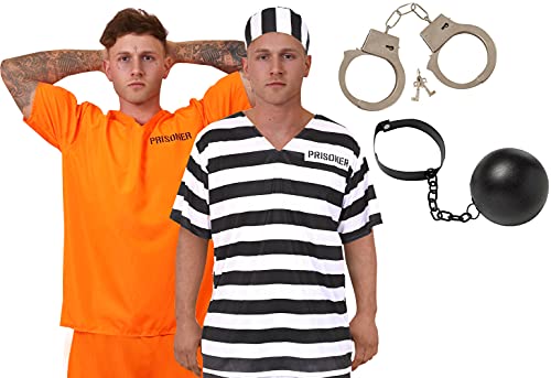 Gefangenen-Kostüm für Erwachsene – Herren Damen Sträflingskostüm – schwarz-weiß gestreifte Oberseite, passende Hose und Hut, Requisiten mit Ball und Kette – Unisex TV & Film / Halloween Kleid (XXL) von I LOVE FANCY DRESS