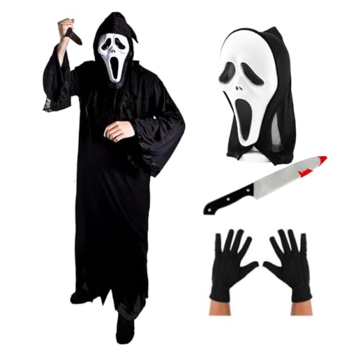 Geisterkiller-Halloween-Kostüm für Erwachsene, schwarzer Kapuzenmantel, schreiende Maske, Handschuhe & 30,5 cm blutiges Messer-Requisite, gruseliges TV-Film-Kostüm, Verkleidung für Herren Geisterkiller-Halloween-Kostüm für Erwachsene, schwarzer Kapuzenmantel, schreiende Maske, Handschuhe & 30,5 cm blutiges Messer-Requisite, gruseliges TV-Film-Kostüm, Verkleidung für Herren von I LOVE FANCY DRESS