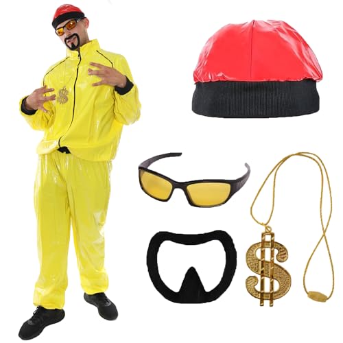 Gelbes Rapper-Kostüm für Erwachsene, Größe XL, gelber und schwarzer Muschelanzug, roter Hut, Sonnenbrille, Dollarzeichenkette, schwarzer Ziegenbart, Erwachsenenkostüm aus TV-Film von I LOVE FANCY DRESS