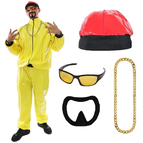 Gelbes Rapper-Kostüm für Erwachsene, Größe XL, gelber und schwarzer Schalenanzug + roter Hut + Sonnenbrille + Goldkette + schwarzer Ziegenbart – lustiges 90er-Jahre-Rapper-Kostüm für Halloween, von I LOVE FANCY DRESS