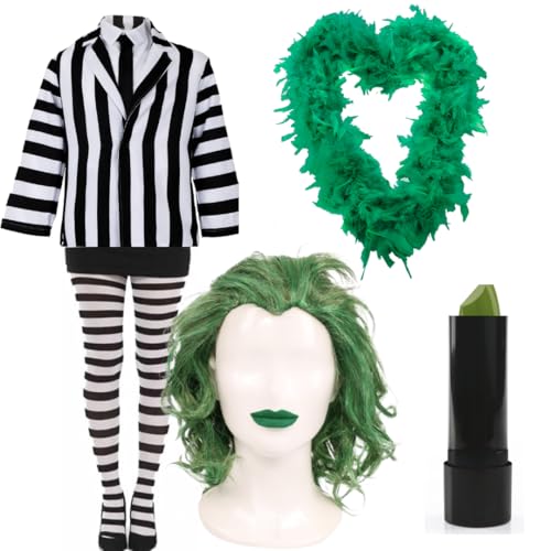 Gestreifte Anzugjacke für Damen, grüne Perücke, grüne Federboa und grüner Lippenstift, gruseliges Faschingskostüm für Halloween, Mottopartys, Kostümveranstaltungen, Spukpartys, Cosplay Gestreifte Anzugjacke für Damen, grüne Perücke, grüne Federboa und grüner Lippenstift, gruseliges Faschingskostüm für Halloween, Mottopartys, Kostümveranstaltungen, Spukpartys, Cosplay von I LOVE FANCY DRESS