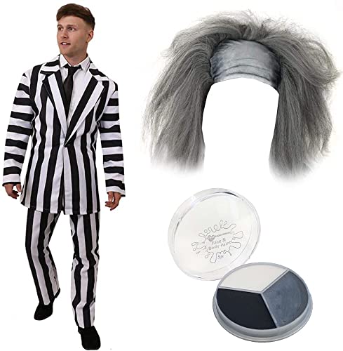 Gestreifter Anzug für Halloween-Kostüm, schwarz-weiß gestreifter Anzug & Hemd vorne + Perücke + Gesichtsfarbe (Medium) von I LOVE FANCY DRESS