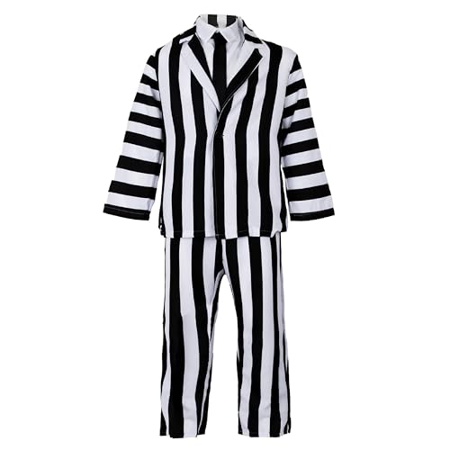 Gestreifter Anzug für Kinder, Halloween-Kostüm, groß – schwarz-weiß gestreifter Anzug und Hemd vorne, schwarze Krawatte – Kinder-Halloween-Kostüm von I LOVE FANCY DRESS