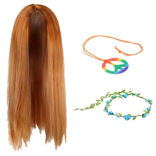 Ginger Hippy Perücke, Regenbogen Peace Halskette & Blau Blume Stirnband Set - Lustiges Retro Kostüm Zubehör für Hippie Partys, Festivals, 60er 70er Jahre Events, Welttag des Buches & mehr Ginger Hippy Perücke, Regenbogen Peace Halskette & Blau Blume Stirnband Set - Lustiges Retro Kostüm Zubehör für Hippie Partys, Festivals, 60er 70er Jahre Events, Welttag des Buches & mehr von I LOVE FANCY DRESS