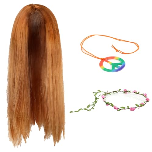 Ginger Perücke, Regenbogen Peace Halskette & Rosa Blume Stirnband Set - Lustiges Retro Kostüm Zubehör für Hippie Partys, Festivals, 60er 70er Jahre Events, Welttag des Buches & mehr Ginger Perücke, Regenbogen Peace Halskette & Rosa Blume Stirnband Set - Lustiges Retro Kostüm Zubehör für Hippie Partys, Festivals, 60er 70er Jahre Events, Welttag des Buches & mehr von I LOVE FANCY DRESS