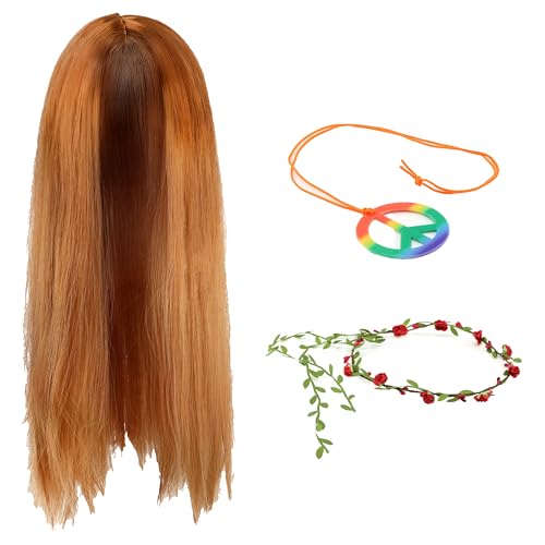 Ginger Perücke, Regenbogen Peace Halskette & Rote Blume Stirnband Set - Lustiges Retro Kostüm Zubehör für Hippie Partys, Festivals, 60er 70er Jahre Events, Welttag des Buches & mehr Ginger Perücke, Regenbogen Peace Halskette & Rote Blume Stirnband Set - Lustiges Retro Kostüm Zubehör für Hippie Partys, Festivals, 60er 70er Jahre Events, Welttag des Buches & mehr von I LOVE FANCY DRESS