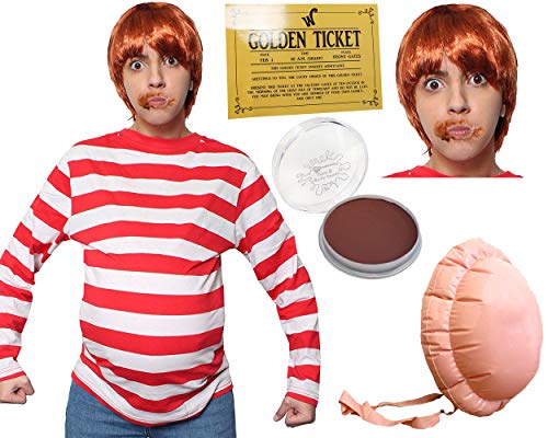 Goldenes Kostüm für Erwachsene – rot-weiß gestreiftes Shirt mit aufblasbarem Bauch, Gesichtspflege und Ingwer-Perücke, perfekt für Buchwoche, Kostüm, Größe M von I LOVE FANCY DRESS