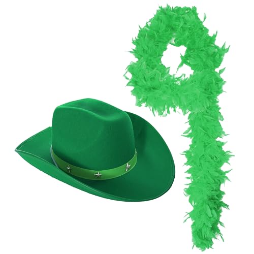 Grüner Cowboyhut mit Nieten und Federboa, 4 Stück, grüner Cowboyhut und passende Federboa, perfekt für St. Patrick's Day und andere Kostümveranstaltungen Grüner Cowboyhut mit Nieten und Federboa, 4 Stück, grüner Cowboyhut und passende Federboa, perfekt für St. Patrick's Day und andere Kostümveranstaltungen von I LOVE FANCY DRESS