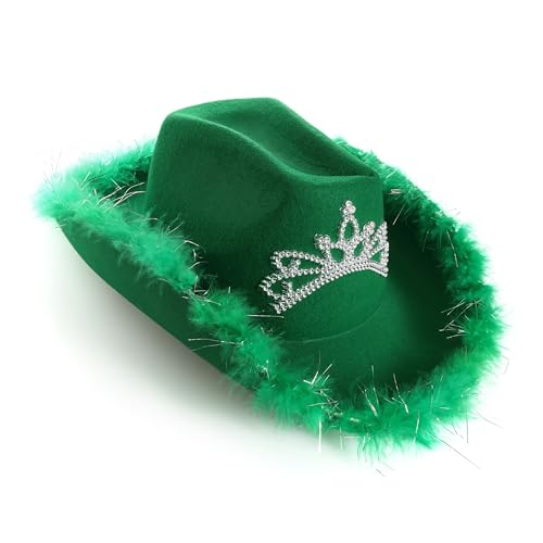 Grüner Cowboyhut mit flauschigem Marabu-Besatz und funkelndem Diadem - Glamour-Verkleidungszubehör für Junggesellinnenabschiede, Festivals, Rodeos, Mottoveranstaltungen und Mädelsabende von I LOVE FANCY DRESS