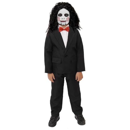 Gruseliges Puppen-Kostüm für Kinder, Größe M, schwarzer Anzug, schwarze Perücke, rote Fliege, weiße Handschuhe, rote, weiße, graue und schwarze Gesichtsfarbe, Halloween-Kostüm für Kinder Gruseliges Puppen-Kostüm für Kinder, Größe M, schwarzer Anzug, schwarze Perücke, rote Fliege, weiße Handschuhe, rote, weiße, graue und schwarze Gesichtsfarbe, Halloween-Kostüm für Kinder von I LOVE FANCY DRESS