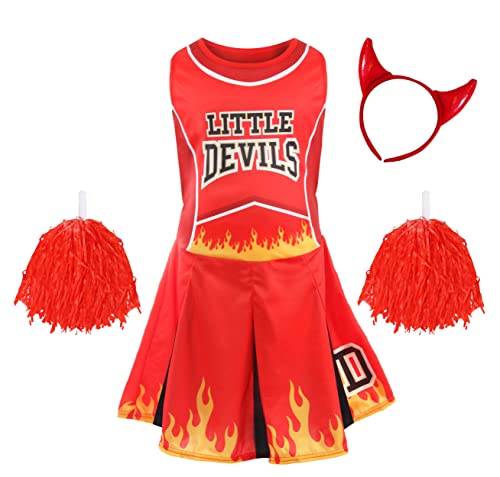 Halloween-Cheerleader-Set für Mädchen, Größe S, enthält ein rotes und schwarzes Cheerleader-Kleid mit Flammen-Design, roten Pompons und roten Teufelshörnern Halloween-Cheerleader-Set für Mädchen, Größe S, enthält ein rotes und schwarzes Cheerleader-Kleid mit Flammen-Design, roten Pompons und roten Teufelshörnern von I LOVE FANCY DRESS