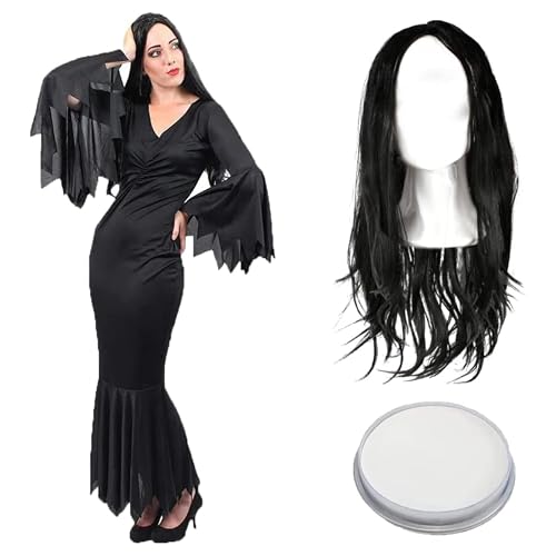 Halloween-Gothic-Kostüm für Damen, langes schwarzes Kleid mit gezackten Kanten, lange schwarze Perücke und weiße Schminke, Vampirkostüm für Damen für TV, Film, Halloween, Größe XL Halloween-Gothic-Kostüm für Damen, langes schwarzes Kleid mit gezackten Kanten, lange schwarze Perücke und weiße Schminke, Vampirkostüm für Damen für TV, Film, Halloween, Größe XL von I LOVE FANCY DRESS
