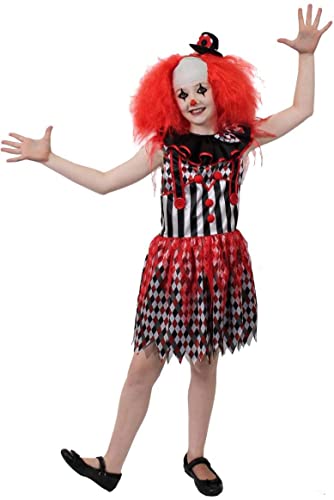 Halloween-Kostüm für Kinder, gruseliges Clown-Kostüm, schwarz-weißes Kleid und passender Rock + Mini-Bowler-Hut auf Kopfband mit Blume + rote Clown-Perücke (Größe: M) von I LOVE FANCY DRESS