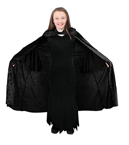 Halloween-Kostüm für Mädchen, Vampir-Kostüm für Mädchen, Halloween-Kostüm für Kinder, schwarzes Kleid mit Kanten und schwarzem Samt-Velours-Umhang (9–10 Jahre) von I LOVE FANCY DRESS