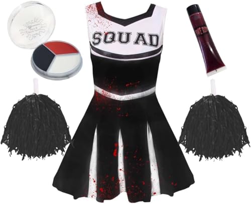 Halloween Zombie-Cheerleader-Kostüm und Zubehör für Mädchen, rotes Freudenoutfit für Kinder, bestehend aus einem kurzen Kleid, 2 Pompons, Kunstblut und Gesichtsbemalung Halloween Zombie-Cheerleader-Kostüm und Zubehör für Mädchen, rotes Freudenoutfit für Kinder, bestehend aus einem kurzen Kleid, 2 Pompons, Kunstblut und Gesichtsbemalung von I LOVE FANCY DRESS