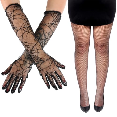 Halloween-Zubehör-Set für Damen, Standard, schwarze Spinnennetz-Handschuhe und schwarze blickdichte Strumpfhose, gruseliges Halloween-Kostüm-Zubehör-Set für Erwachsene und Damen Halloween-Zubehör-Set für Damen, Standard, schwarze Spinnennetz-Handschuhe und schwarze blickdichte Strumpfhose, gruseliges Halloween-Kostüm-Zubehör-Set für Erwachsene und Damen von I LOVE FANCY DRESS