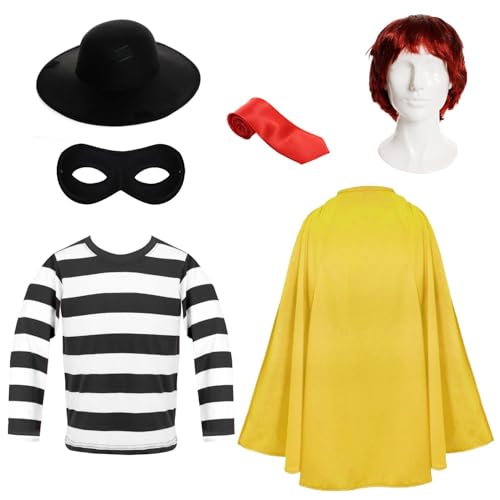 Hamburglar-inspiriertes Retro-Kostüm-Set für Kinder, gelber Umhang, gestreiftes Oberteil, rote Perücke und mehr, Größe XL von I LOVE FANCY DRESS