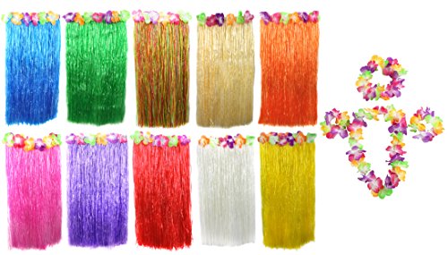 Hawaiianisch Satz Kostüm Set Bunt 80cm lang Bastrock + Blumen Lei Halskette + Paar Blume Armbänder + Blumen Muster Kopfband 5 Stück Hawaii Bastrock Luau - Grün, One size von I LOVE FANCY DRESS