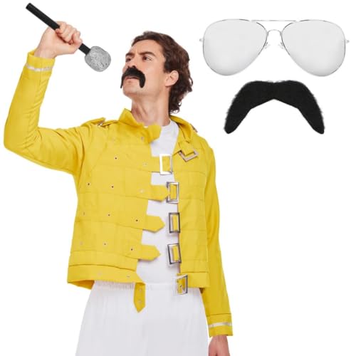 Herren 80er Jahre Rock Legend Kostüm - Gelbe Jacke, Brille & Schnurrbart - Musik-Ikone Verkleidung für Halloween, Partys, Junggesellenabschiede, Festivals, 1980er Events & Tributabende - Einheitsgröße Herren 80er Jahre Rock Legend Kostüm - Gelbe Jacke, Brille & Schnurrbart - Musik-Ikone Verkleidung für Halloween, Partys, Junggesellenabschiede, Festivals, 1980er Events & Tributabende - Einheitsgröße von I LOVE FANCY DRESS