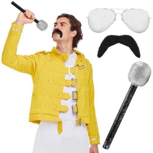 Herren 80er Jahre Rock Legend Kostüm – gelbe Jacke, Brille, Schnurrbart & Mikrofon – Verkleidung Outfit inspiriert von Musik-Ikonen für Halloween, Junggesellenabschiede & 1980er-Jahre-Partys von I LOVE FANCY DRESS