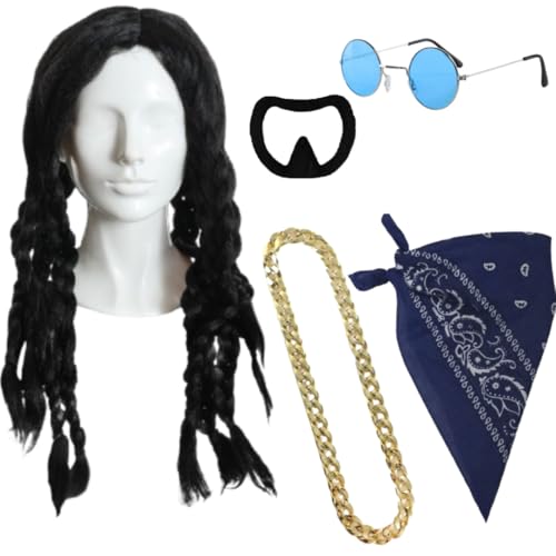 Herren 90er Jahre Rapper Kostüm Set mit schwarzer Dreadlocks Perücke, gefälschter Ziegenbart, Goldkette, blaues Bandana, blaue Hippie-Brille, Halloween-Kostüm-Outfit Herren 90er Jahre Rapper Kostüm Set mit schwarzer Dreadlocks Perücke, gefälschter Ziegenbart, Goldkette, blaues Bandana, blaue Hippie-Brille, Halloween-Kostüm-Outfit von I LOVE FANCY DRESS
