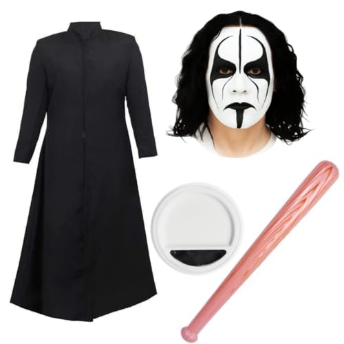 Herren Iconic Sting Wrestler Kostüm Set mit langem Staubwedel Mantel, Perücke, schwarz & weiß Gesichtsfarbe & aufblasbarer Fledermaus - Retro Fasching Outfit für Wrestling, 90er Jahre Party und Comic Herren Iconic Sting Wrestler Kostüm Set mit langem Staubwedel Mantel, Perücke, schwarz & weiß Gesichtsfarbe & aufblasbarer Fledermaus - Retro Fasching Outfit für Wrestling, 90er Jahre Party und Comic von I LOVE FANCY DRESS