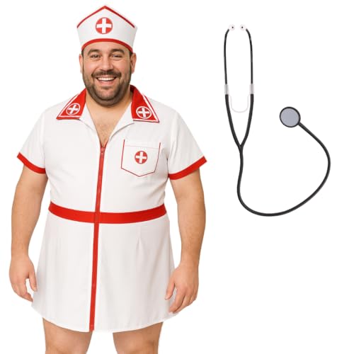 Herren Junggesellenabschied Krankenschwester Kostüm Set - Lustiges Männliches Fasching Outfit Weißes Kleid und Krankenschwester Hut & Stethoskop - Lustiges Outfit für Junggesellenabschiede und Herren Junggesellenabschied Krankenschwester Kostüm Set - Lustiges Männliches Fasching Outfit Weißes Kleid und Krankenschwester Hut & Stethoskop - Lustiges Outfit für Junggesellenabschiede und von I LOVE FANCY DRESS