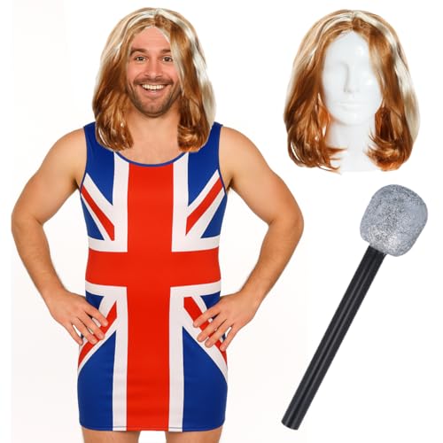 Herren-Kleid mit Union Jack, Größe S, Rot, Weiß und Blau, klassisches Kleid, Ingwer-Perücke und Mikrofon, für Junggesellenabschied, Junggesellenabschied, 90er-Jahre-Musik-Ikone Britpop-Kostüm Herren-Kleid mit Union Jack, Größe S, Rot, Weiß und Blau, klassisches Kleid, Ingwer-Perücke und Mikrofon, für Junggesellenabschied, Junggesellenabschied, 90er-Jahre-Musik-Ikone Britpop-Kostüm von I LOVE FANCY DRESS