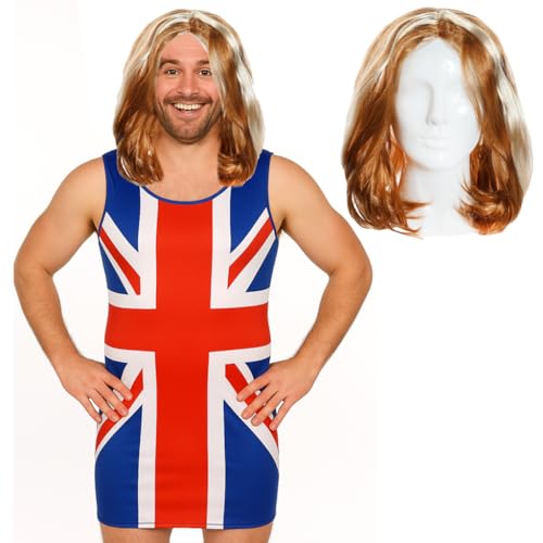 Herren-Kleid mit Union Jack, Größe XL, Rot, Weiß und Blau, klassisches Kleid und Ingwer-Perücke, Erwachsenenkostüm für Junggesellenabschied, Junggesellenabschied, 90er-Jahre-Musik-Ikone Britpop-Kostüm Herren-Kleid mit Union Jack, Größe XL, Rot, Weiß und Blau, klassisches Kleid und Ingwer-Perücke, Erwachsenenkostüm für Junggesellenabschied, Junggesellenabschied, 90er-Jahre-Musik-Ikone Britpop-Kostüm von I LOVE FANCY DRESS