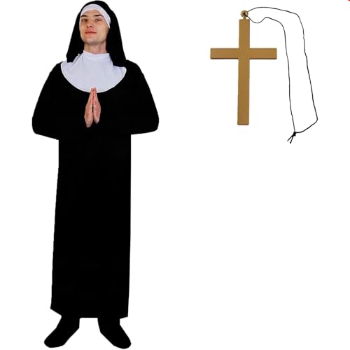 Herren-Kostüm, für Junggesellenabschiede, Tunika, mit weißem Kragen, schwarzer Kapuze, Gürtel, goldenes Kreuz, Schwarz Herren-Kostüm, für Junggesellenabschiede, Tunika, mit weißem Kragen, schwarzer Kapuze, Gürtel, goldenes Kreuz, Schwarz von I LOVE FANCY DRESS