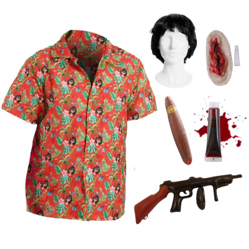 Herren Miami Gangster Kostüm - Rotes Hawaii-Hemd, Perücke, Kunstblut, Slash Scar, Requisite Zigarre & Aufblasbares Maschinengewehr - Erwachsene Halloween Faschingskostüme - Groß Herren Miami Gangster Kostüm - Rotes Hawaii-Hemd, Perücke, Kunstblut, Slash Scar, Requisite Zigarre & Aufblasbares Maschinengewehr - Erwachsene Halloween Faschingskostüme - Groß von I LOVE FANCY DRESS