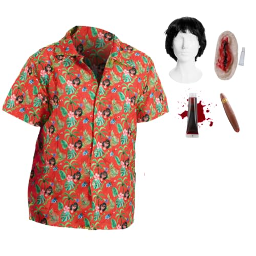 Herren Miami Gangster Kostüm Set - Rot Hawaii-Hemd, Schwarze Perücke, Fake Blood, Slash Scar & Prop Zigarre - Halloween Erwachsene Verkleidung für Partys & Events von I LOVE FANCY DRESS