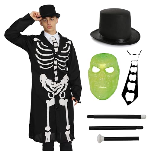 Herren-Skelett-Anzug-Kostüm + Krawatte mit Skelett-Druck, Hut und im Dunkeln leuchtende Maske – Halloween-Kostüm für Herren (Tag der Toten) (Größe XL) von I LOVE FANCY DRESS