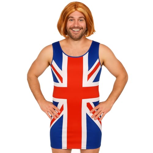 Herrenkleid mit Union Jack, Größe XXL, Rot, Weiß und Blau, klassisches Outfit für Erwachsene, Junggesellenabschied, Junggesellenabschied, 90er-Jahre-Musik-Ikone Britpop-Kostüm von I LOVE FANCY DRESS